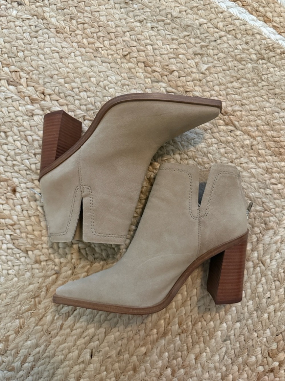 Vince Camuto Taupe Suede Pointed Toe Block Heel Ankle Boots
